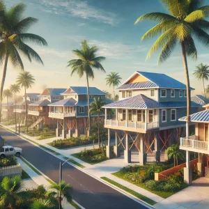 DALL·E 2024-12-10 15.00.53 - A serene Florida neighborhood with storm-resilient homes featuring reinforced roofs and elevated structures. The setting includes palm trees, a sunny