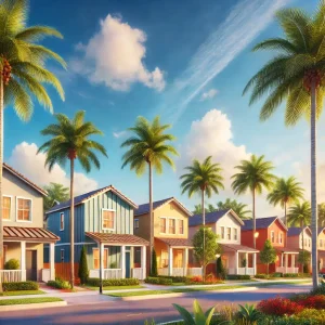 DALL·E 2024-12-10 15.20.12 - A welcoming Florida community with affordable housing options, featuring cozy single-family homes, palm trees, and bright sunlight under a clear blue