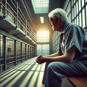 DALL·E 2024-12-10 15.44.39 - A wide-angle view of an elderly person in a prison setting, sitting alone on a bench in a reflective pose. The individual has gray hair and is dressed