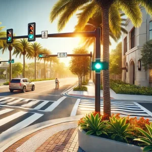 crop-DALL·E 2024-12-10 14.44.40 - A modern urban intersection in Florida with palm trees, bright sunlight, and a blue sky. The scene features updated traffic lights, clearly marked ped